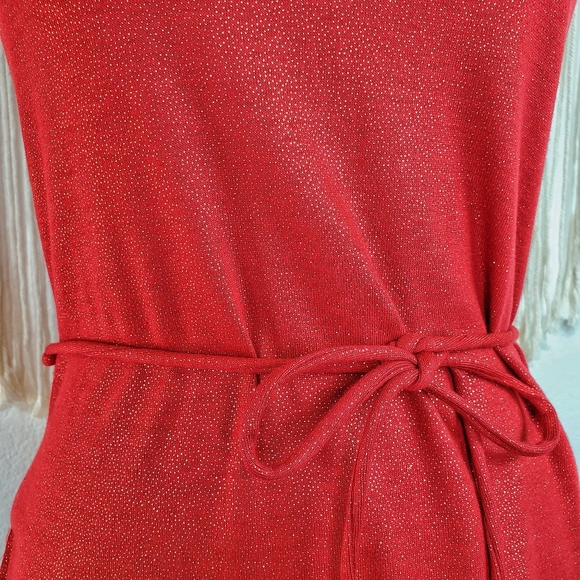 💖 Sparkle Red Small/Medium Gold Knit Turtleneck Glimmer Tie Back Top, Layering - Picture 10 of 15